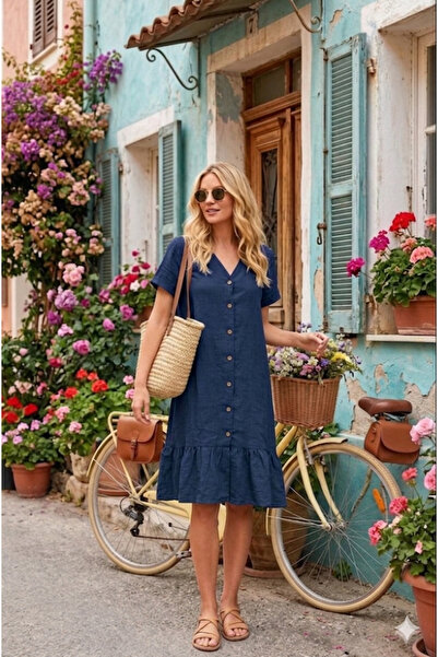 Hale Shop %100 Keten Düğmeli Eteği Fırfırlı Elbise - LACİVERT