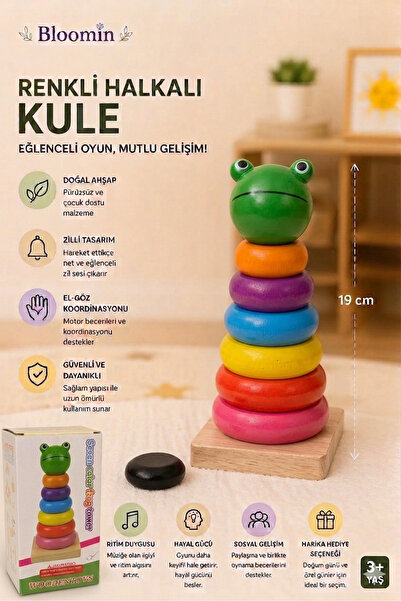 Bloomin Ahşap Renkli Halkalı Kule Koordinasyon ve Zeka Oyunu Ahşap Çocuk Bebe...