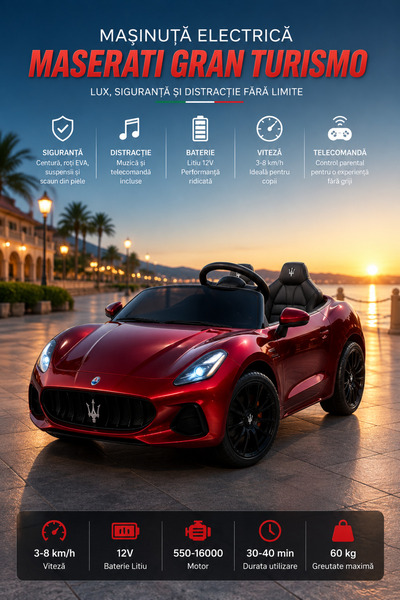 Maserati Mașinuță Electrică pentru Copii GranTurismo Folgore, 12V, Telecomand...