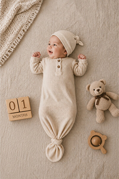 Elo Ecru Baby Sleeping Bag with Tie Detail and Hat