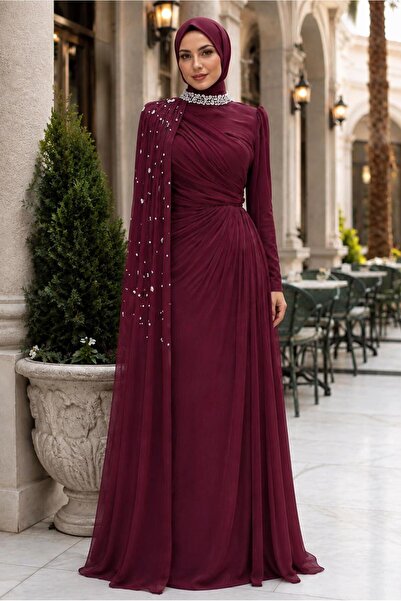 TRENDTESETTÜR KADIN BORDO ŞİFON ABİYE ELBİSE T 2463