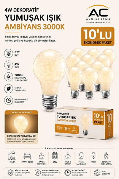 AC AYDINLATMA 10'lu Paket 4W Dekoratif LED Ampul E27 Duy 3000K Sarı Işık Yumu...