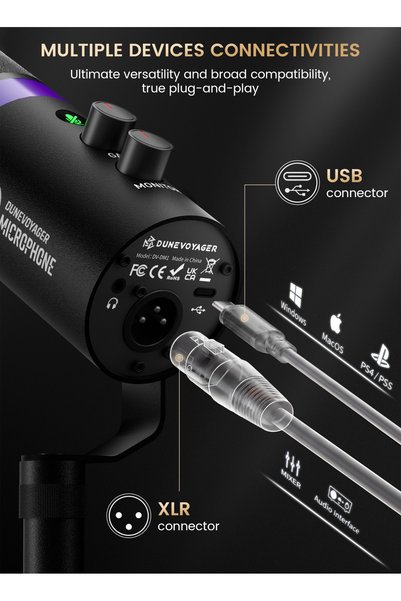 DuneVoyager ميكروفون DM1 للألعاب والبث المباشر/البودكاست، ميكروفون ديناميكي كارديويد USB/XLR، خاصية كتم الصوت بالضغط، إضاءة RGB، جودة ممتازة مصنوعة من المعدن بالكامل، مراقبة الصوت عبر سماعات الرأس
