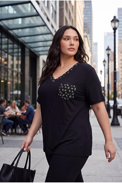 Ebsumu Women's plus size black blouse with stone detail on collar and pocket