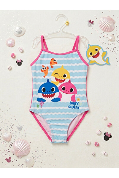 Victorino Costum de Baie Întreg pentru Fetițe, Baby Shark, Bleu cu Dungi Ondu...