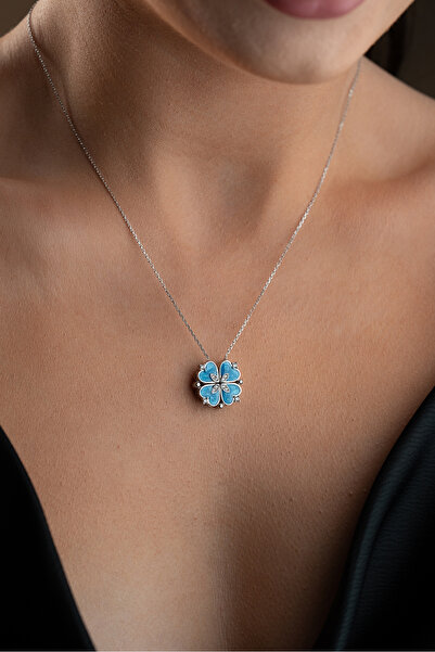 beonejewelry 925 Ayar Gümüş Mıknatıslı Açılan Mavi Şans Yonca Kolye