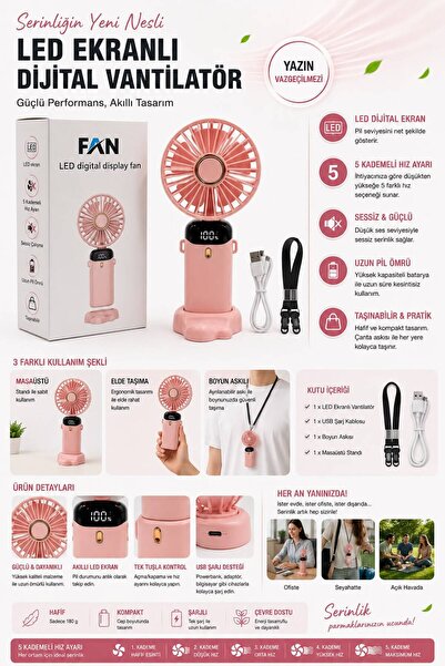 FANE Dijital LED Ekranlı Taşınabilir Vantilatör - 5 Kademeli Hızlı Soğutma, M...