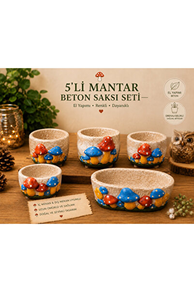 Atak Hediyelik Dekoratif 5’li Mantar Beton Saksı seti 10-14 cm