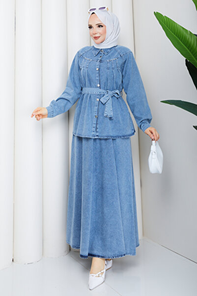 Pamuk Butik طقم جينز نسائي مكون من قطعتين مع تنورة مزينة بالأحجار وحزام