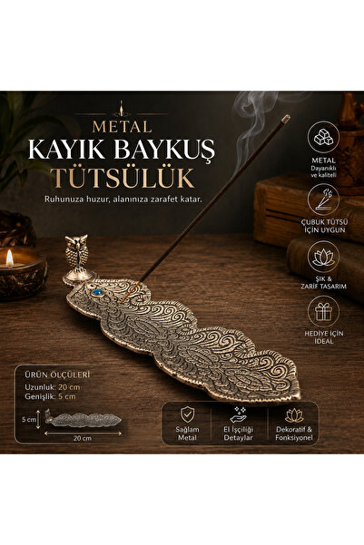 İki Yedi Konsept Metal Baykuş Figürlü Kayık Tütsülük Çubuk Tütsü Yakma Standı...
