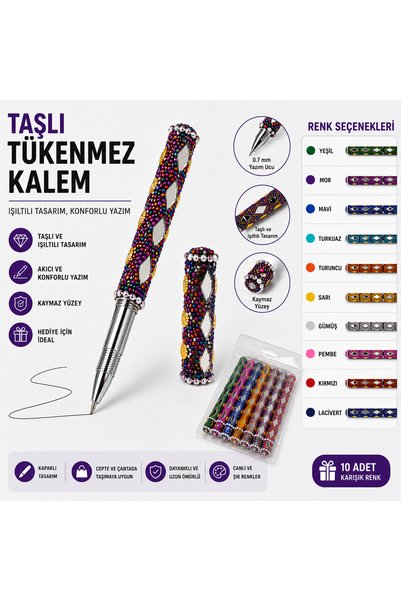 1DepoBu Taşlı Tükenmez Kalem Renkli Boncuk İşlemeli Kapaklı Kalem Hediyelik K...