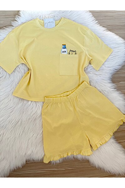 Pijamacs Sarı %100 Pamuklu Fırfırlı Baskılı Şortlu Örme Pijama Takımı