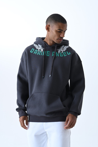 Angel Baskılı Kapüşonlu Oversize Sweatshirt