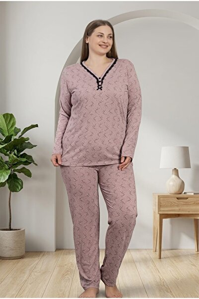 ONZ MODALOVE KADIN BÜYÜK BEDEN VISKON PIJAMA TAKIMI UZUN KOLLU DESENLI RAHAT ...