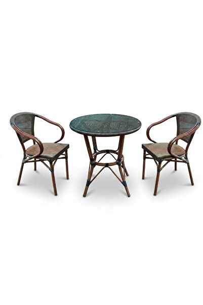 huteras Bambu Rattan Bahce Bistro Seti Kahve 1 Masa + 2 Sandalye Cam Tablali ...