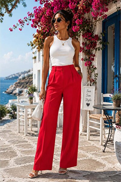 Noreva Mode Yüksek Bel Duble Kumaş Geniş Kesim Kadın Pantolon