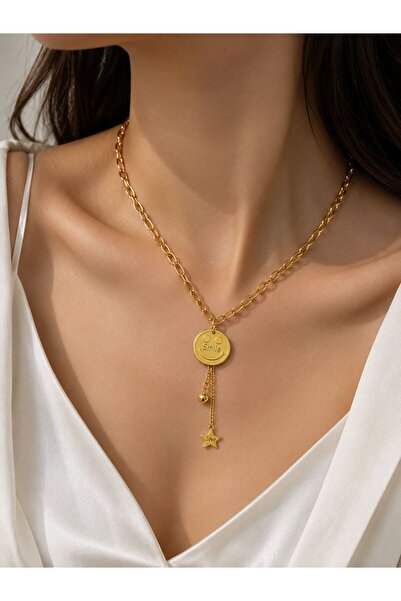 ELİSA ACCESSORİES Gold Renk Smile Yazılı Plaka Kadın Kolye - Kalın Doç Zincir...
