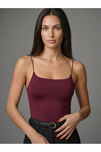 Noe Collection Kadın Bordo İnce Askılı Bodysuit Çıtçıtlı Slim Fit Likralı Bas...