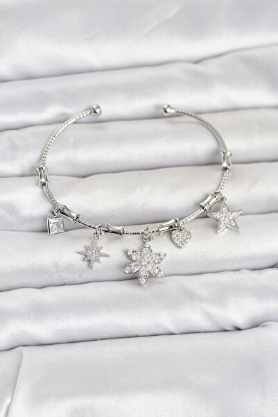Hobibahçem Brass Silver Color Lotus Detail Charm Women's Bracelet
