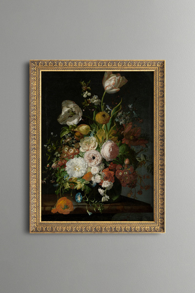epiqart Tulips and Peonies in Glass Vase - Vintage Patterned Frame - Slim Model