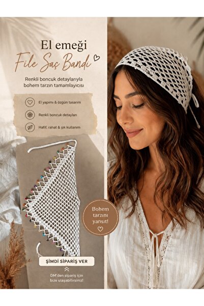 İlmera Handmade El Yapımı File Saç Bandı – Boncuk Detaylı Bohem Tarz Kadın Sa...