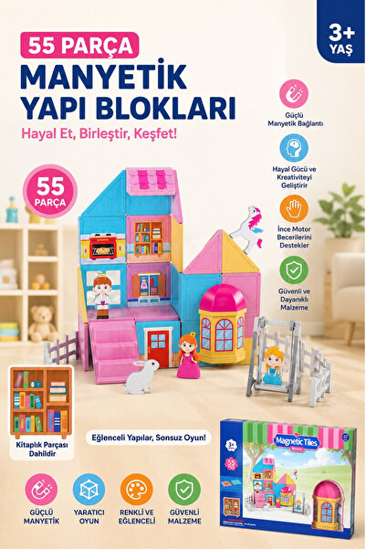 Toyaş 55 Parça Manyetik Yapı Blokları Ev Seti | Manyetik İnşa Oyuncağı | 3 Ya...