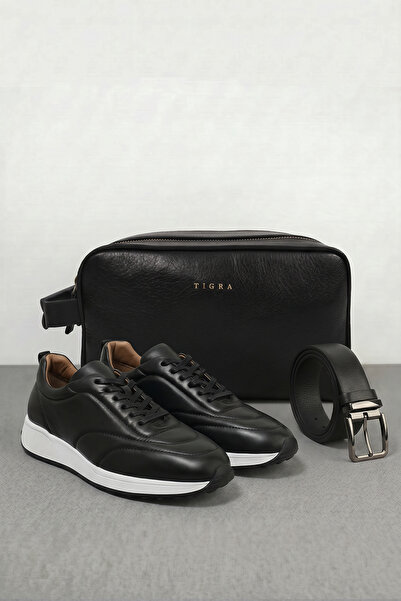 Tigra Premium Siyah Erkek Sneaker Deri Set Siyah Ayakkabı / El Çantası / Keme...