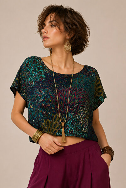 Clandestino Kayık Yaka Oversize Yazlık Crop Bohem Bluz Petrol