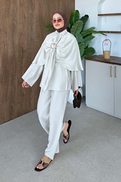 Hazamoda Betül Linen Cape 3-Piece Set Beige