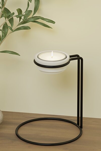 Dekula Tealight Şamdan Seramik Mumluk Masaüstü Mum Şamdanlık Siyah Metal Deko...