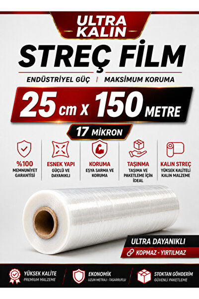 OPTİMEX Streç Film 25 cm x 150 Metre 17 Mikron Ultra Kalın Endüstriyel Paketl...