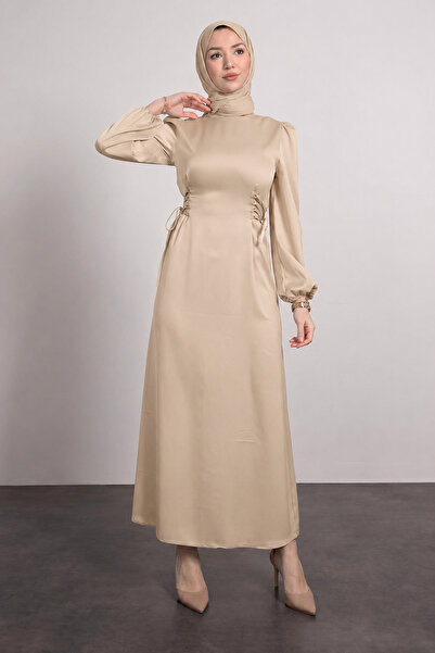 Tesettür Diyarı Women's Side Tie Satin Hijab Evening Dress - Cream