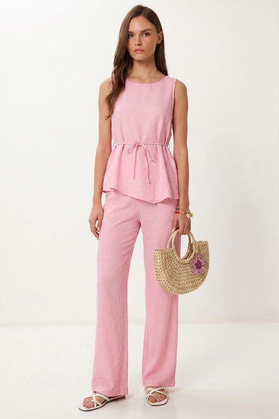Lovelyİstanbul Asymmetrical Linen Set with Tie Detail Lby0057 Sugar Pink