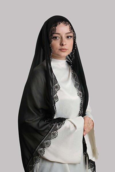HÜRREM BONE Eșarfă neagră pentru rugăciune de nuntă, din șifon, cu mărgele și...