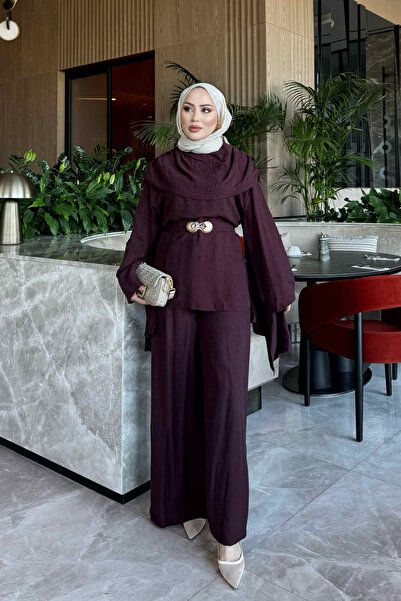 İmajButik طقم تونيك بتفاصيل شال على شكل ياقة البرقوق مع بنطلون