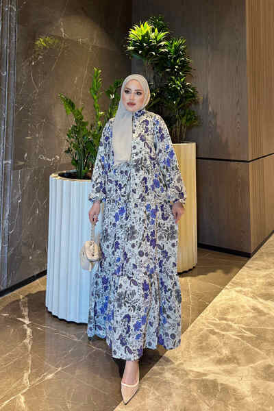 İmajButik Purple Half Buttoned Sleeves Elasticized Patterned Viscose Dress