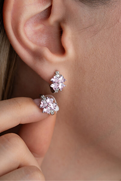 Silvano Jewelry 925 Ayar Gümüş Pembe Taşlı Yonca Küpe