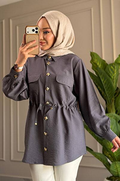 Suede Style 9102 - قميص نسائي منسوج أنيق ومريح مع أزرار وتفاصيل ربط عند الخصر