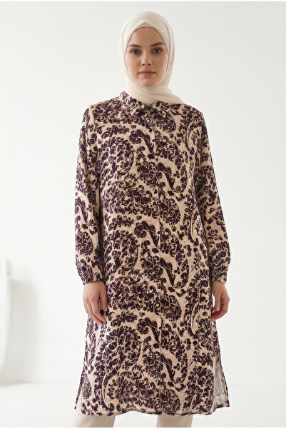 tuvadi Women's Purple Baroque Patterned Viscose Tunic Shirt - Hijab Shirt, Bu...