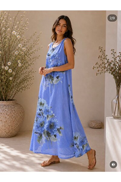 yusracollectionn Italian Linen Floral Patterned Loose Maxi Dress