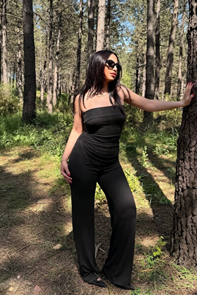Siner Fashion Women's Black Strapless Blouse Pants Soft Cotton Set