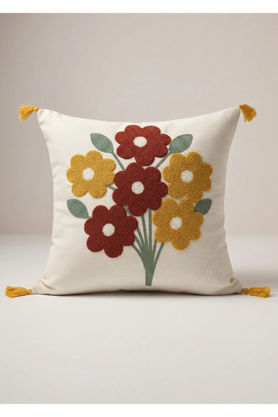Comfort Craft Husă de pernă decorativă din pânză Buldan brodată cu motiv flor...
