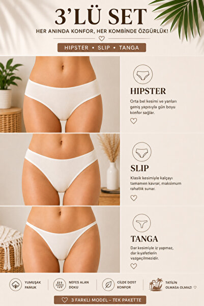 GEMA MODA Kadın Pamuklu Hipster Slip Tanga Külot Seti 3’lü Paket Tatil Paketi