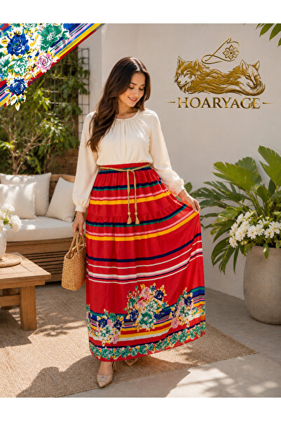 hoaryage Elegant Patterned Crepe Fabric Skirt with Elastic Waist, Belt Detail...