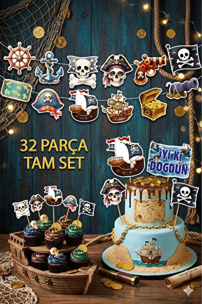 Genel Markalar 32 Parça Tam Set Korsan Temalı Deniz Kaptan Doğum Günü Seti Ba...