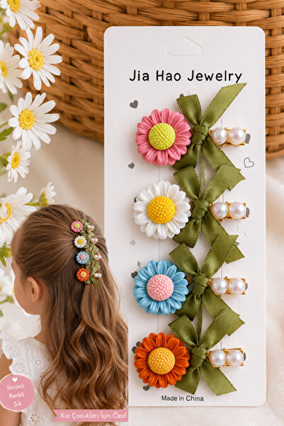 Nisankids Детски комплект от 4 щипки за коса с флорални мотиви и перли – Аксе...