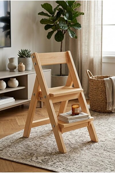 Ev dekka Ahşap Katlanır Merdivenli Tabure - 60x25x20 cm - Doğal Kestane Rengi...
