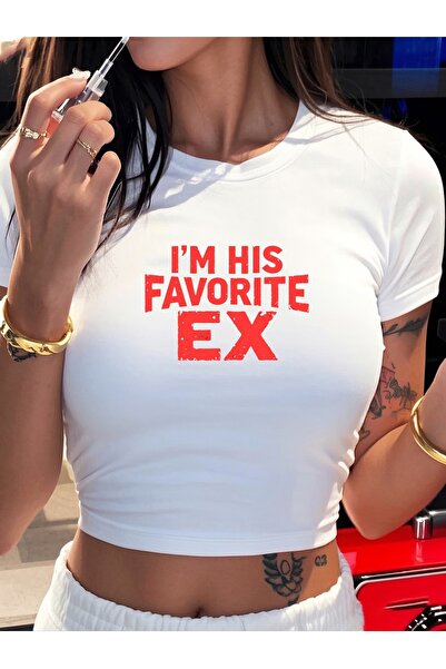 Toum Bluză crop cu imprimeu Kemer Boy I'm His Favorite Ex Slagon