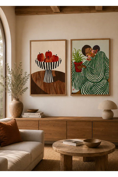 Boho wellness studio Elma ve Bitki Temalı İkili Ahşap Çerçeveli Tablo Seti