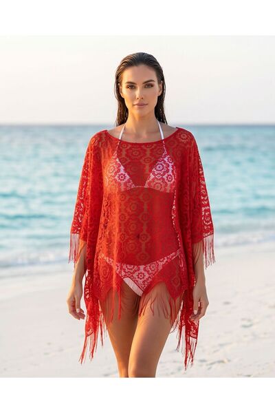 Trend Kapında Floral Motif Detailed Tasseled Women's Pareo, Mini Beach Dress